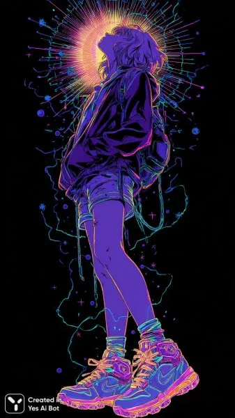 Неоновая девочка в стиле vaporwave: яркий скетч с эффектом свечения и голограммой. Генерация из нейросети Миджорни