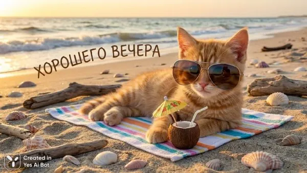 Модный котенок на пляже с коктейлем и надписью. Нейросеть Nano Banana