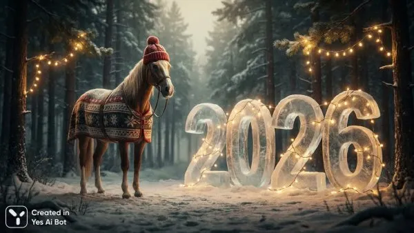 Зимняя сказка: лошадь в стиле ретро и ледяные скульптуры 2026 года. Нейросеть Nano-Banana