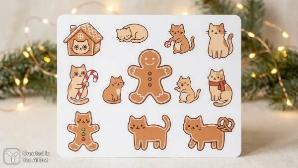Кошачьи радости: милые стикеры в стиле имбирного пряника и новогодних огней. Изображение из нейронной сети NanoBanana