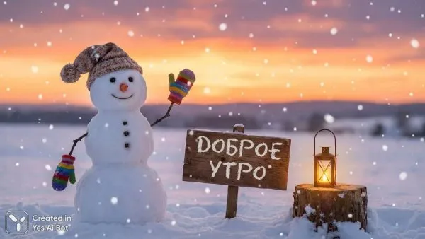 Зимнее утро и дружелюбный снеговик под теплым закатным светом. Изображение из нейросети Nano-Banana