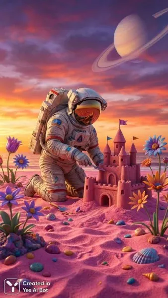 Марсианский пляж: астронавт и песчаный замок на закате. Нейросеть Нано Банана