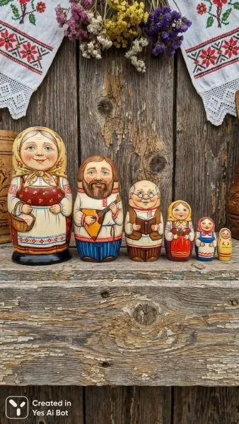Семейная гармония в русских куклах Матрешка и фольклор. Картинка из нейронной сети NanoBanana