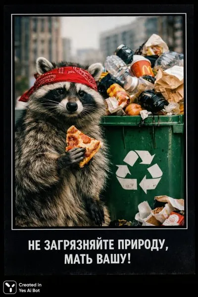 Ракун и мусорный бак: печальный урок экологического активизма. Генерация из нейросети Sora Ai Images