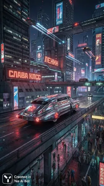 Неоновый город будущего и советский космокар. Картинка из нейронной сети Нано Банана