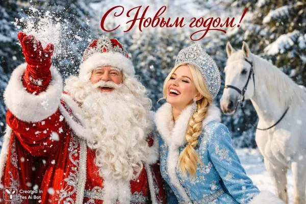Дед Мороз и Снегурочка: Новогоднее волшебство в заснеженном лесу. Генерация из нейронной сети Sora