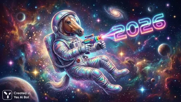 Космическая лошадь в скафандре: приключение среди звезд и цифр 2026. Изображение из нейронной сети Nano Banana