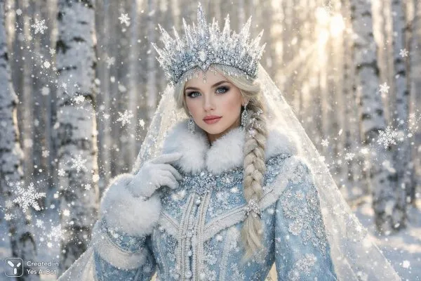 Снежная королева в волшебном зимнем лесу. Изображение из нейросети Sora Images