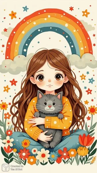 Девочка под радугой с котиком: яркая иллюстрация в стиле gouache. Нейронная сеть Flux Ai
