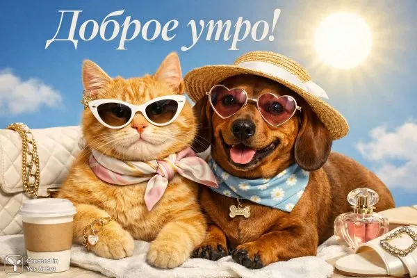 Утро с кошкой и таксой: солнечное настроение и милые аксессуары. Изображение из нейросети Sora