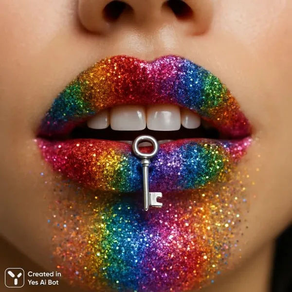 Блестящие губы с ключиком и радугой. Нейросеть Sora Ai Images