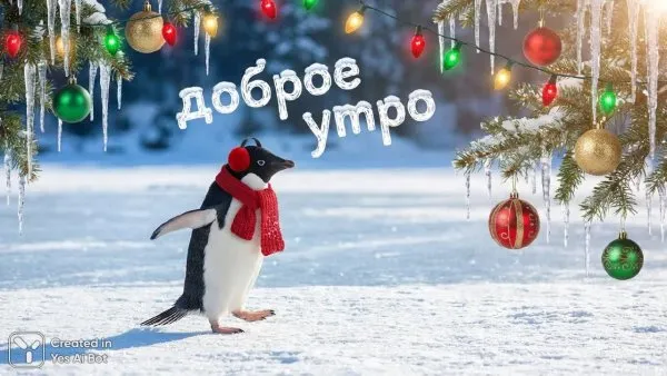 Пингвин на льду: Новогоднее утреннее чудо в зимнем пейзаже. Изображение из нейросети NanoBanana