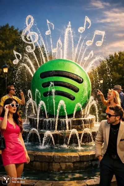 Музыкальный фонтан Spotify: Веселое лого в парке с сюрпризом и яркими красками. Изображение из нейронной сети Sora Images