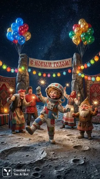 Новогоднее волшебство славянских сказок и приключений Незнайки на Луне. Картинка из нейронной сети Nano Banana