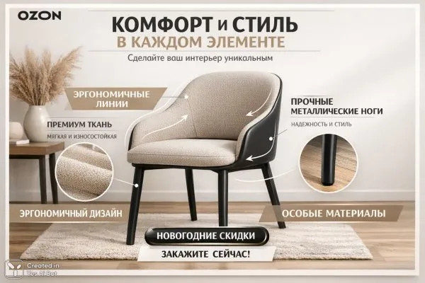 Дизайнерский стул: комфорт, стиль и уникальный интерьер. Картинка из нейросети Sora Images