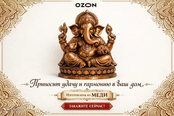 Ганеша: Медная фигурка для удачи и гармонии в доме. Изображение из нейросети Sora Image