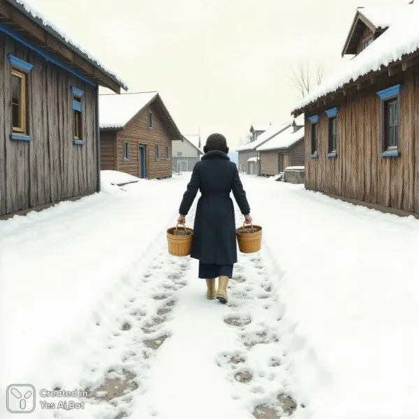 Зимняя дорога: женщина с водой в деревне. Картинка из нейросети Flux
