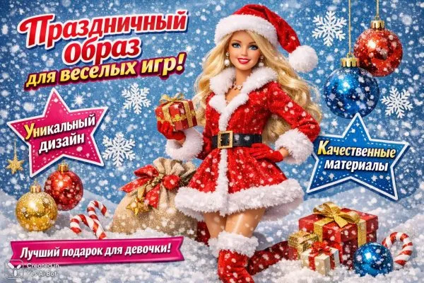 Барби в образе Санты: волшебство праздничного настроения и уникальный стиль для детских игр!. Нейронная сеть Sora Ai Images