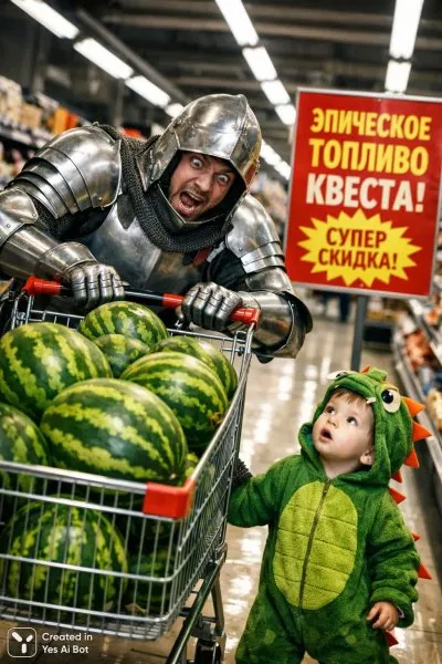 Рыцарь в супермаркете: эпическое топливо для квеста и абсурдная сцена с арбузами. Нейросеть Sora images Ai