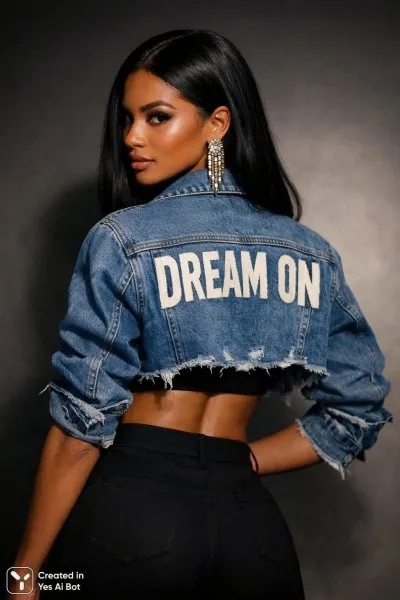 Девушка в джинсовой куртке с надписью DREAM ON и эффектным акцентом на спине. Картинка из нейросети Sora Image