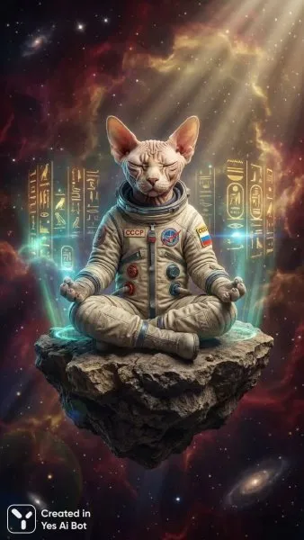 Космический кот-астронавт: медитация среди звездной пыли и древних символов. Картинка из нейросети Nano Banana