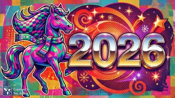 Ретро лошадь в праздничном стиле и футуристические числа 2026. Генерация из нейросети Нано Банана