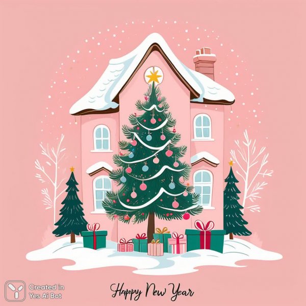 Рождественская сказка в стиле Поттер: уютный домик и волшебная ель. Изображение из нейронной сети Stable Diffusion