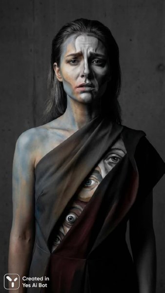 Лицо в осколках: сюрреалистичный портрет с множеством взглядов и эмоций. Генерация из нейронной сети NanoBanana