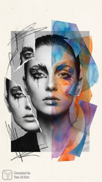 Женщина в сюрреалистичном коллаже: цвет и монохром, игра форм и текстур. Изображение из нейронной сети Nano-Banana