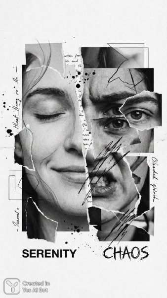 Слияние образов: хаос, спокойствие и фрагменты человеческой души. Изображение из нейросети Nano Banana