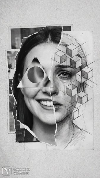 Сюрреалистичный коллаж: лицо в геометрических формах и эмоциональный контраст. Нейросеть Нано Банана