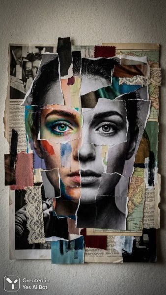 Женский образ: сюрреалистичный коллаж в черно-белых и цветных тонах с выразительными глазами и глубоким контрастом. Генерация из нейросети Nano Banana