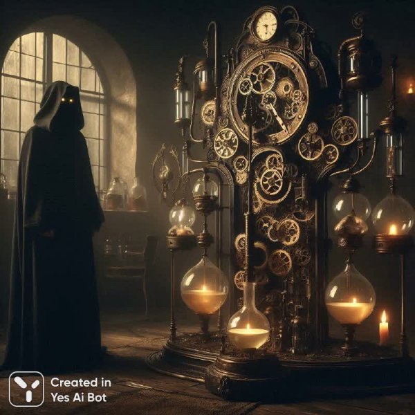 Тайна старинной машины и сделка в сумрачной комнате алхимика. Картинка из нейросети Dalle