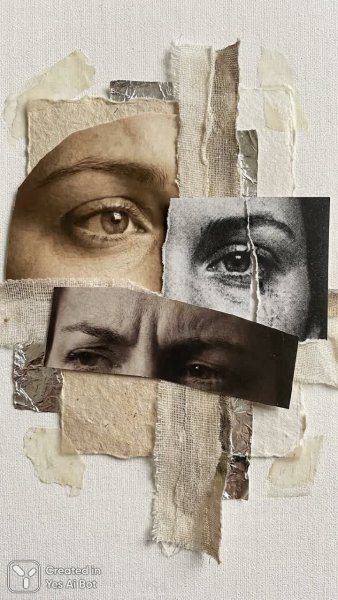 Глубина взгляда: коллаж эмоций и текстур в минималистичной фотографии. Картинка из нейросети NanoBanana