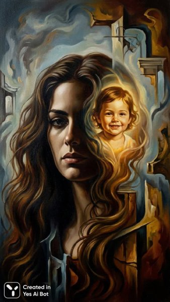 Внутренний мир и сюрреалистический портрет женщины с загадочной улыбкой ребенка. Изображение из нейронной сети NanoBanana