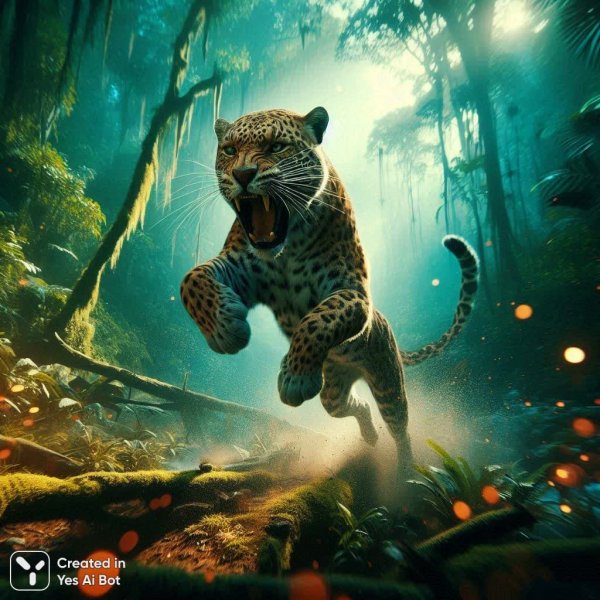 Леопард в прыжке: дикая мощь амазонских джунглей. Картинка из нейронной сети Dalle 3