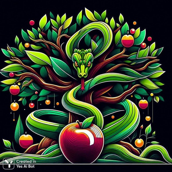 Змеиное искушение: таинство райского сада и запретное яблоко. Изображение из нейросети Dalle