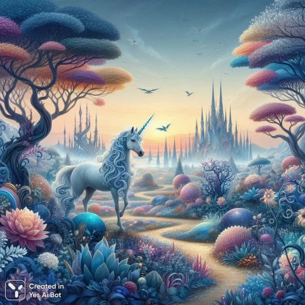 Единорог в сказочном саду: волшебство красок и таинственных тропок. Нейронная сеть Dalle