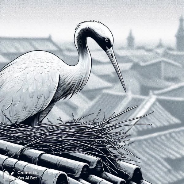 Журавлиное гнездо над городом: грация и умиротворение в деталях пейзажа. Нейросеть Dalle