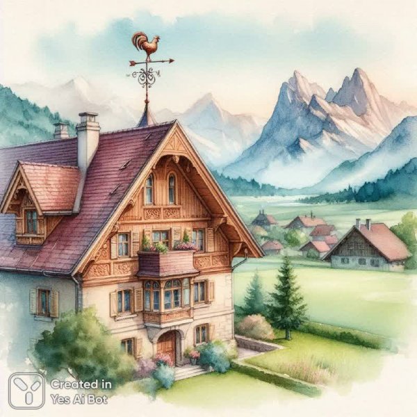 Идиллический пейзаж: старинное шале в горах и пастельная акварель. Картинка из нейросети Далли 3