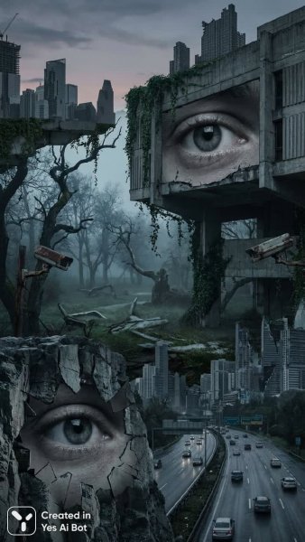 Взгляд сквозь осколки реальности: тревога и городская природа. Картинка из нейронной сети Nano Banana