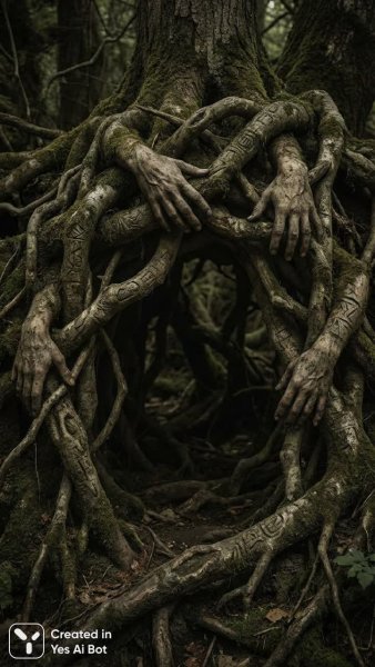 Переплетение корней и рук: связь с хаосом в сюрреалистичном изображении. Нейросеть NanoBanana