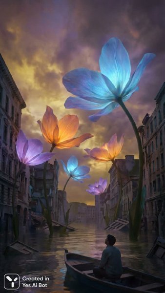 Утопающий город: красота гниения под сюрреалистичным закатом. Генерация из нейросети NanoBanana