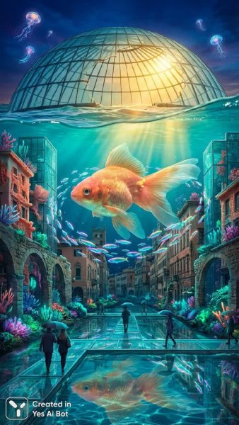 Городской океан: сюрреалистичная встреча водного и городского пейзажа. Нейронная сеть Nano Banana