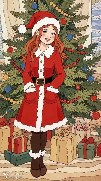 Праздничное настроение: фото в образе Санты у елки. Картинка из нейросети Flux