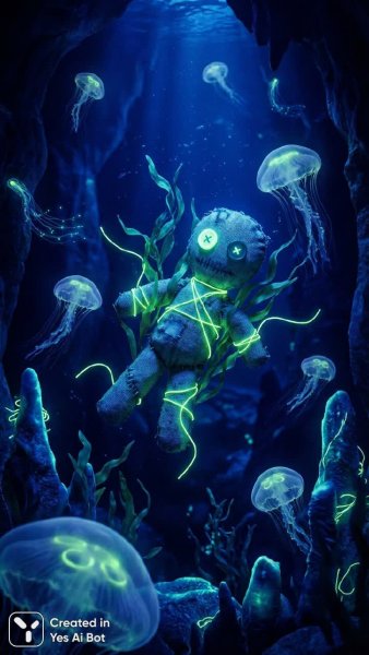 Подводный кошмар: кукла Вуду в сияющем царстве медуз и водорослей. Нейросеть Nano Banana