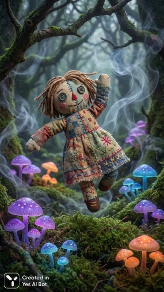 Таинственный танец куклы вуду в мерцающем свете грибов. Изображение из нейронной сети NanoBanana