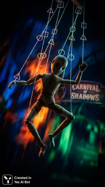 Танцующая марионетка в карнавале теней: минимализм и яркие краски движения. Картинка из нейросети Nano-Banana