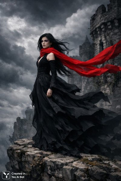 Загадочная девушка на скале в объятиях мрачных теней. Генерация из нейронной сети Sora Ai Images