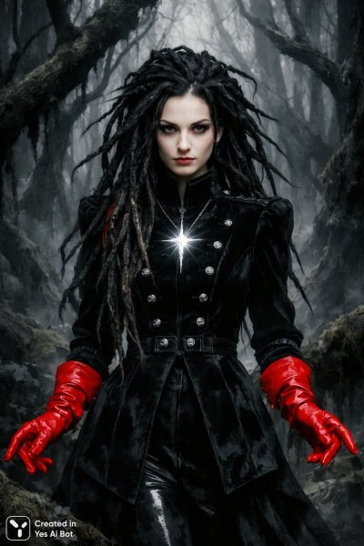 Таинственная стражница леса в бархатном мундире и красных перчатках. Изображение из нейросети Sora